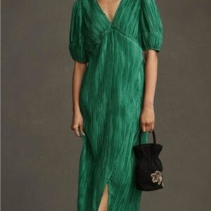 Anthropology V Neck Pleated Slim Midi Dress in Green